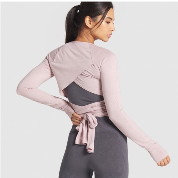2 pieces GymShark Small Power Down Pink black Crop Top Long Sleeve Tie Wrap - Picture 3 of 4
